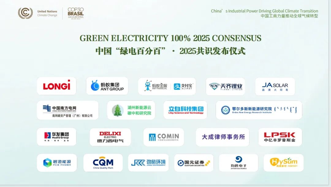中国“绿电百分百·2025共识”在联合国气候大会COP30正式发布